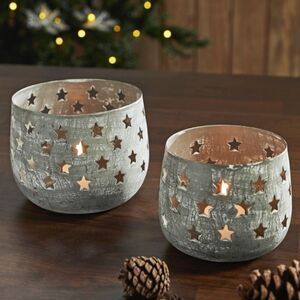 Rustic Farmhouse Votive Metal Candle Holder Set Stars Galvanized Look Christmas